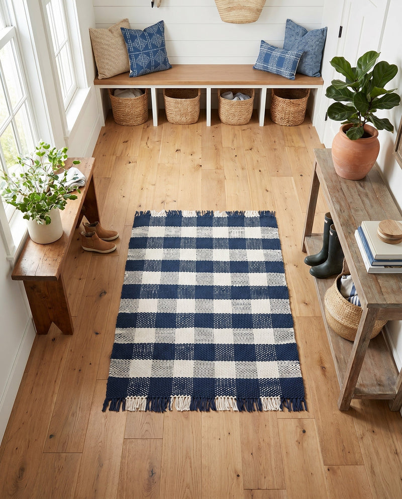 Sustainable Grid Indoor-Outdoor Oasis Collection Area Rug - Savannah Rectangle Navy Blue  lifestyle 42