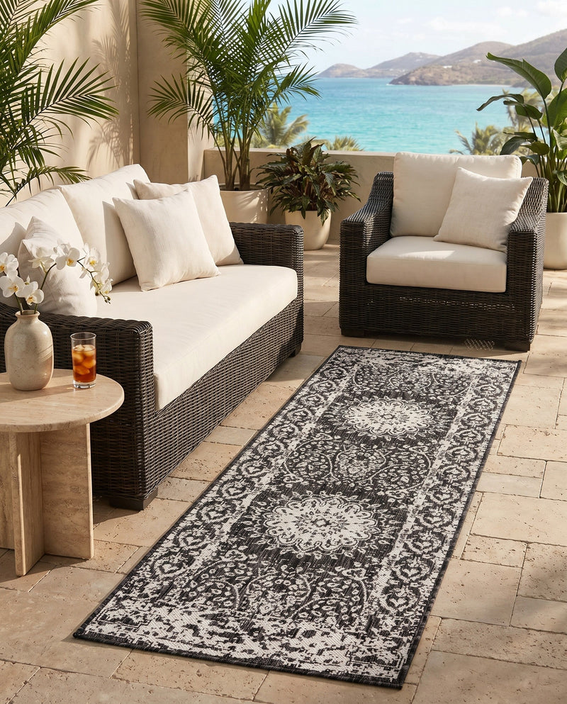 Patio Heritage Collection Area Rug -  Lafayette (Black and White) Runner Black and White  lifestyle 54