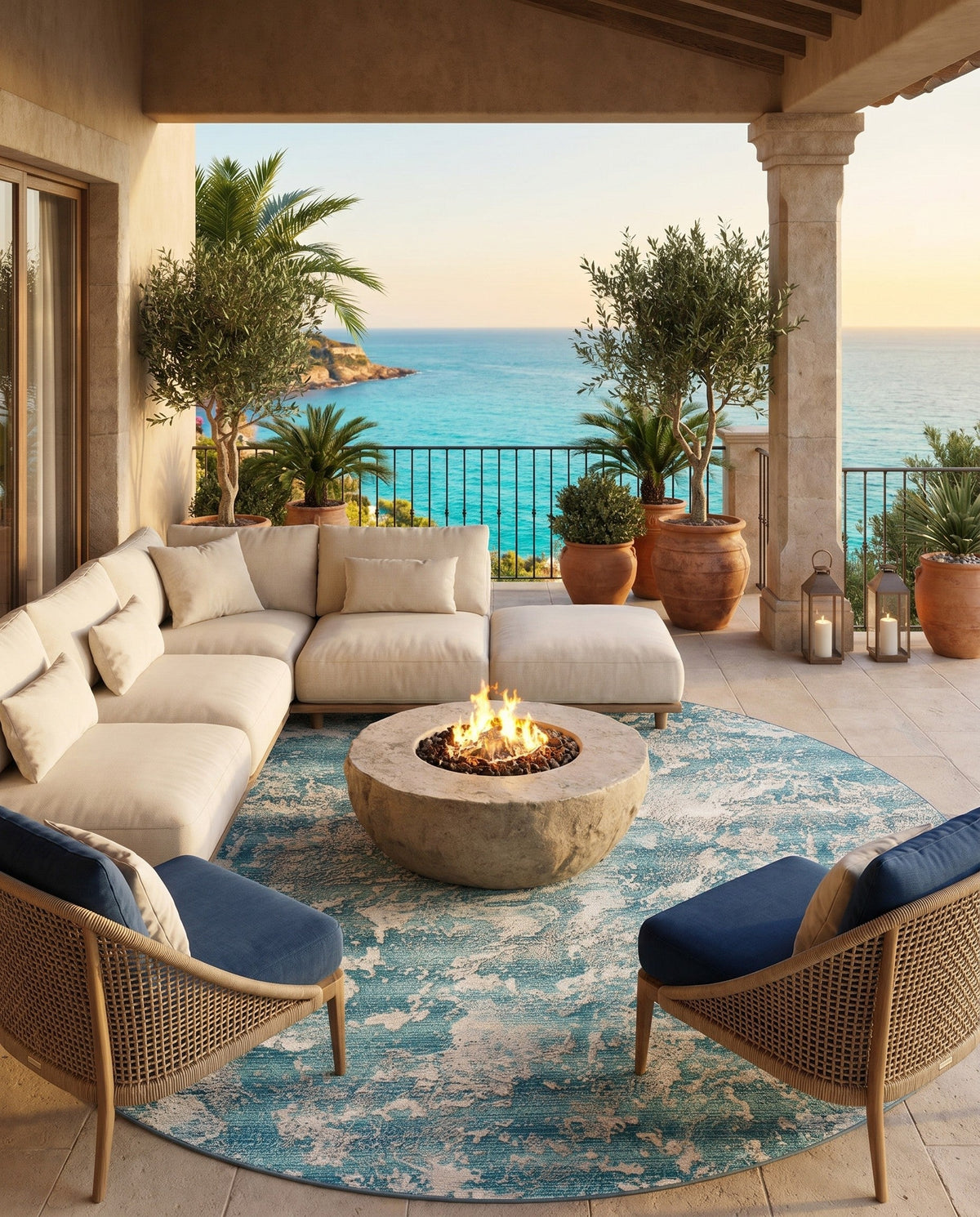 Urban Terrace Collection Area Rug -  Gazebo Round Aqua Blue  lifestyle 71