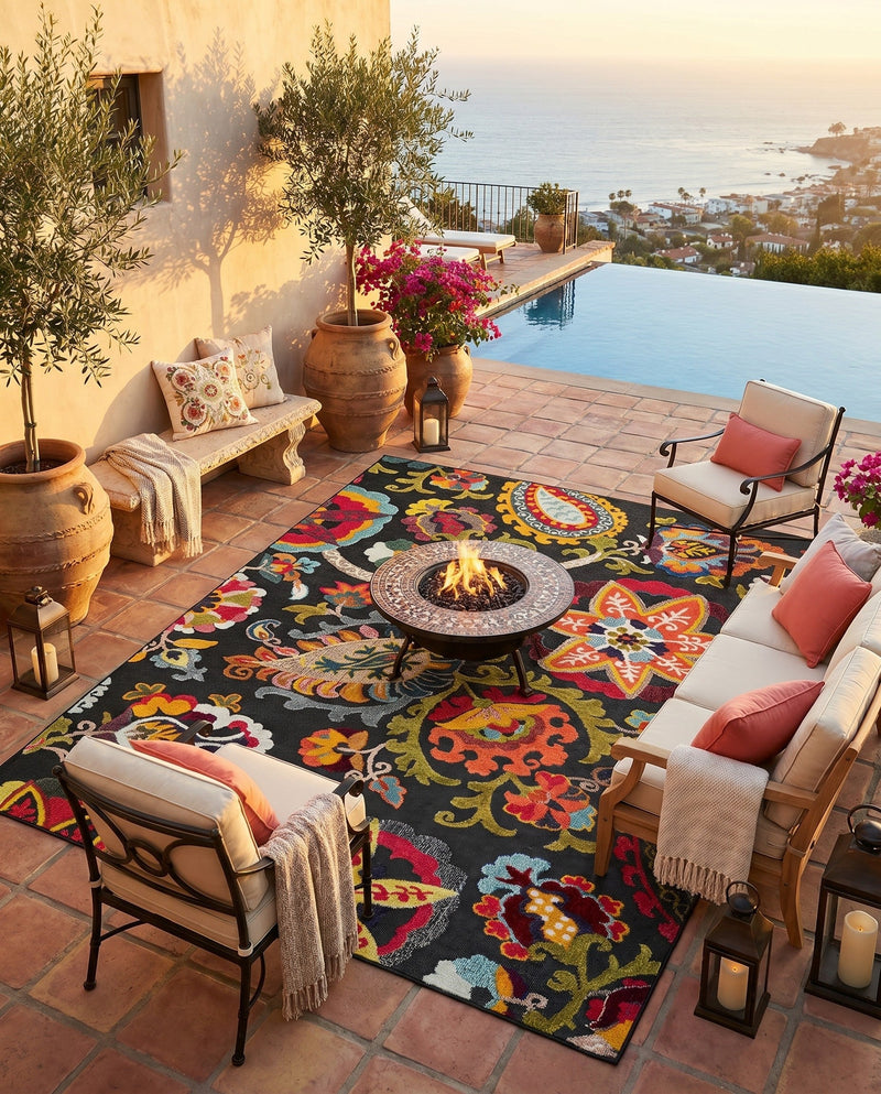 Outdoor Marrakesh Collection Area Rug - Fes Rectangle Multi Black  lifestyle 60
