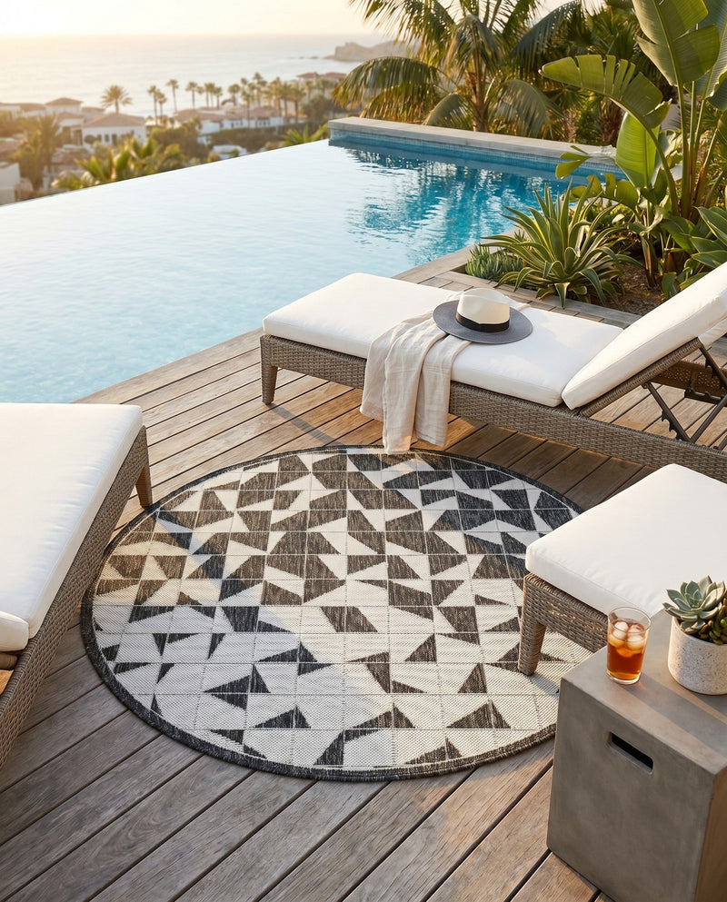 Urban Terrace Collection Area Rug -  Mercer Round Black and White  lifestyle 62
