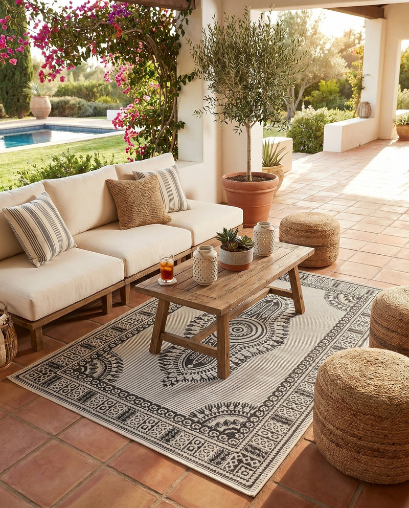 Patio Heritage Collection Area Rug -  Biloxi Rectangle White and Black  lifestyle 9