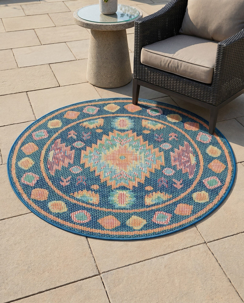Coastal Terrace Collection Area Rug -  Dunes Round Navy Blue  lifestyle 74