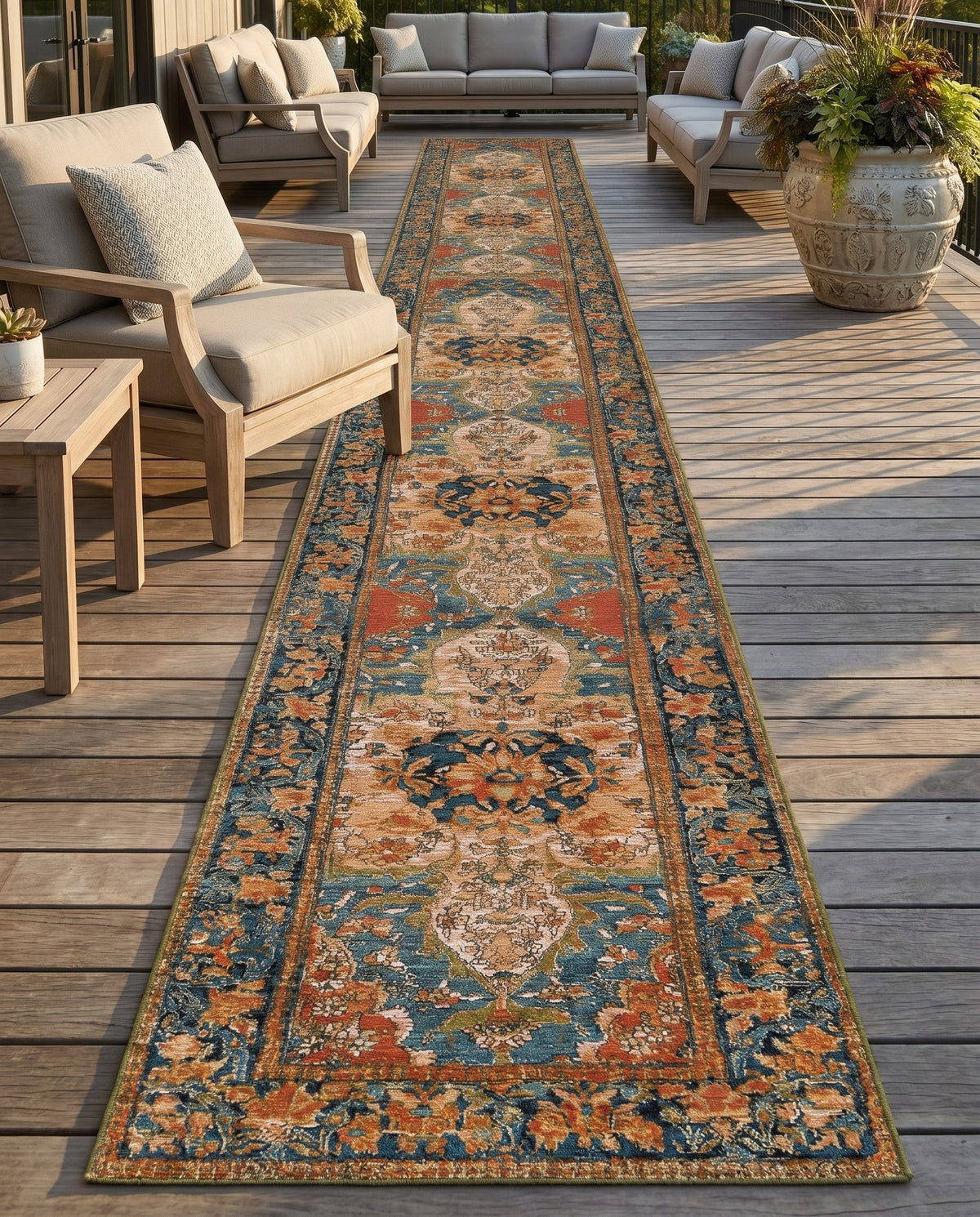 Patio Heritage Collection Area Rug -  Grove Runner Navy Blue and Rust Red  lifestyle 101