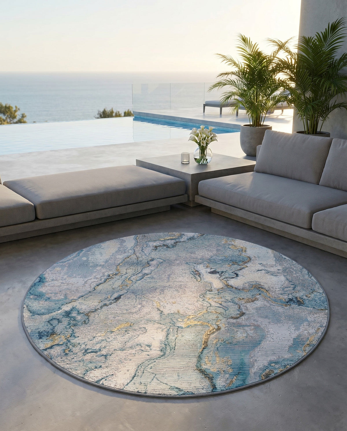 Urban Terrace Collection Area Rug -  Vertex Round Blue and Ivory  lifestyle 80