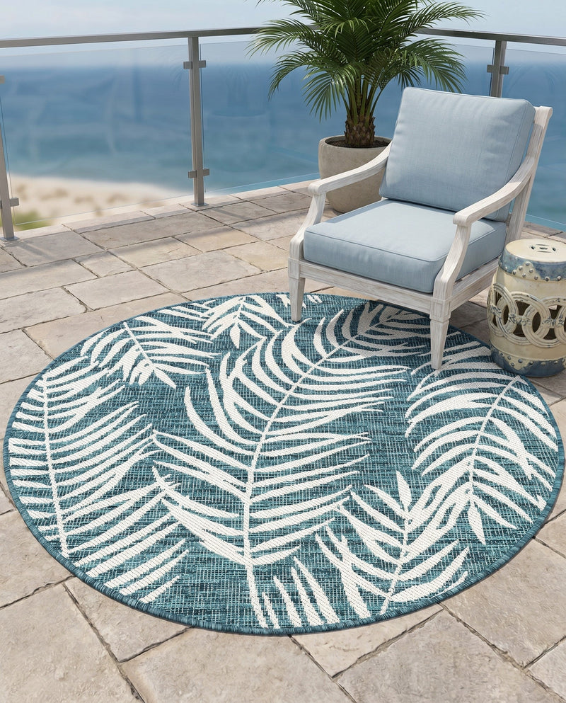 Seaside Blooms Collection Area Rug - Verdure (Teal) Round Teal  lifestyle 70