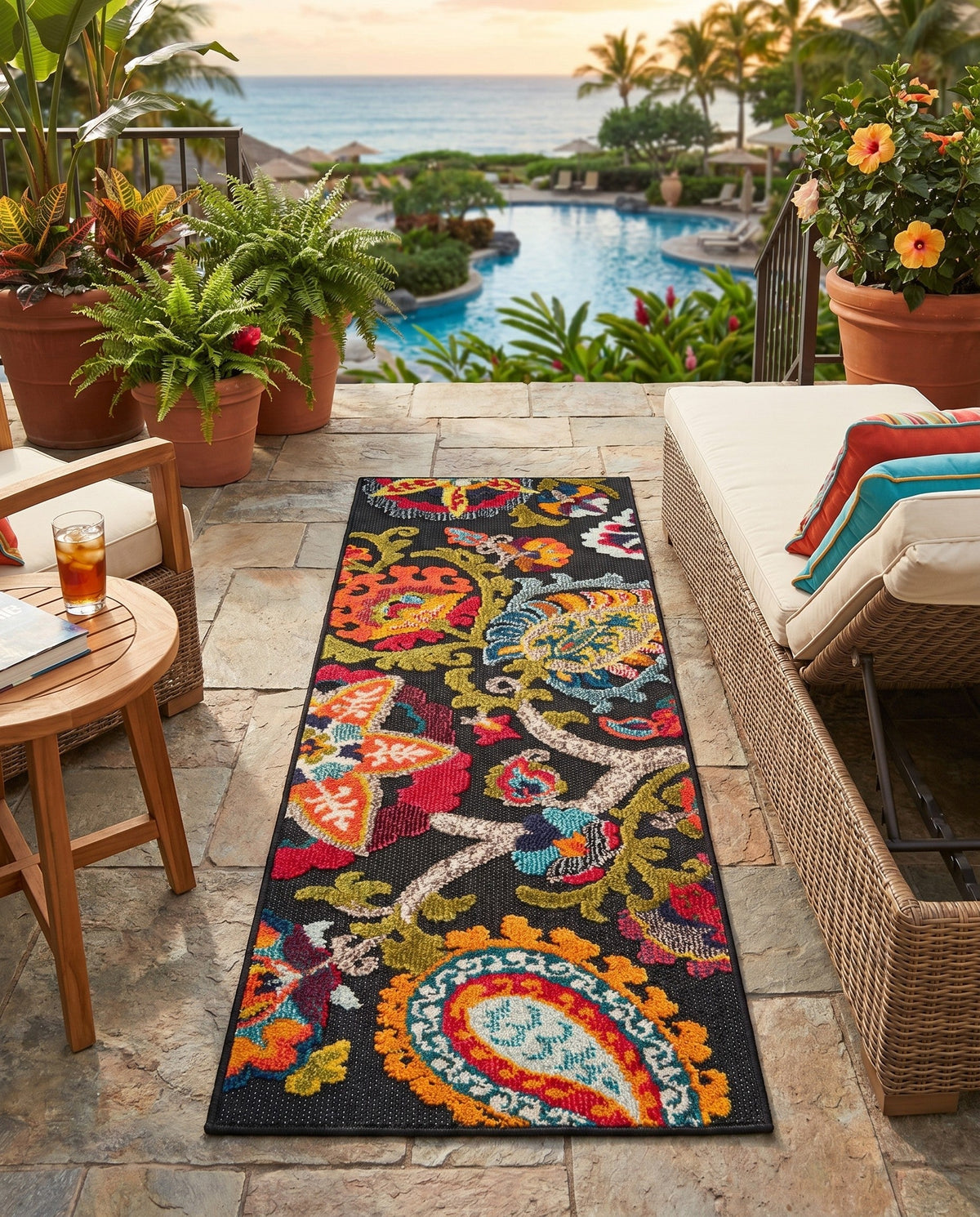 Outdoor Marrakesh Collection Area Rug - Fes Runner Multi Black  lifestyle 144