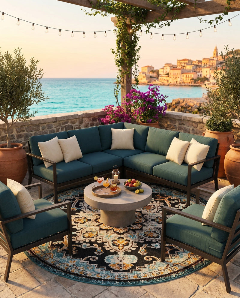 Outdoor Marrakesh Collection Area Rug -  Essaouira Round Navy Blue  lifestyle 80