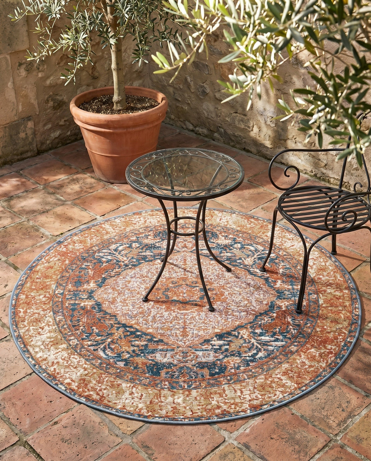 Patio Heritage Collection Area Rug -  Courtyard Round Navy Blue and Light Pink  lifestyle 84