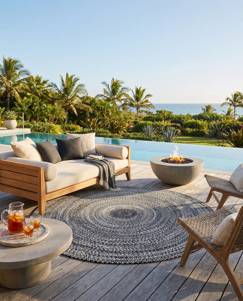 Sustainable Strands Indoor-Outdoor Oasis Collection Area Rug -  Sandbar (Black and White) Round Black and White  lifestyle 45