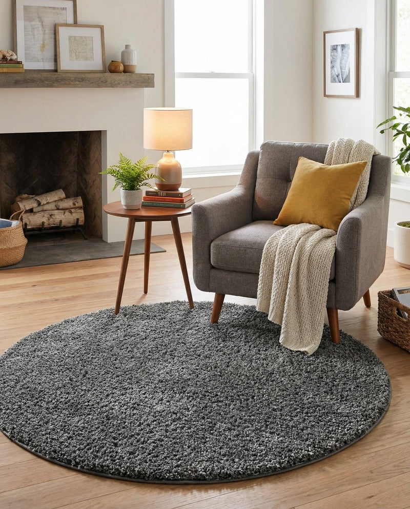 Cozy Comfort Shag Collection Area Rug - Haven (Pebble Gray) Round Pebble Gray  lifestyle 31