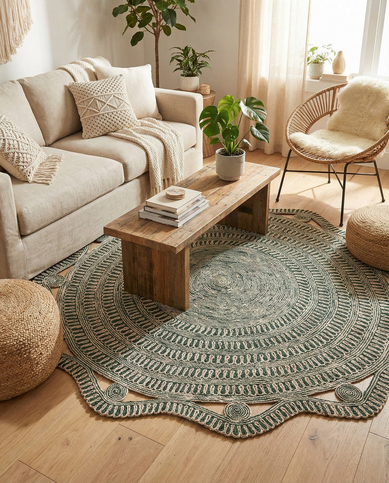 Woven Seaside Jute Collection Area Rug - Nantucket Round Green and White  lifestyle 67