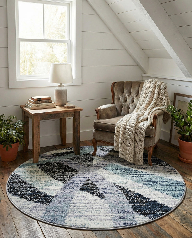 Santa Fe Trails Collection Area Rug -  Navajo Round Gray and Ivory  lifestyle 50