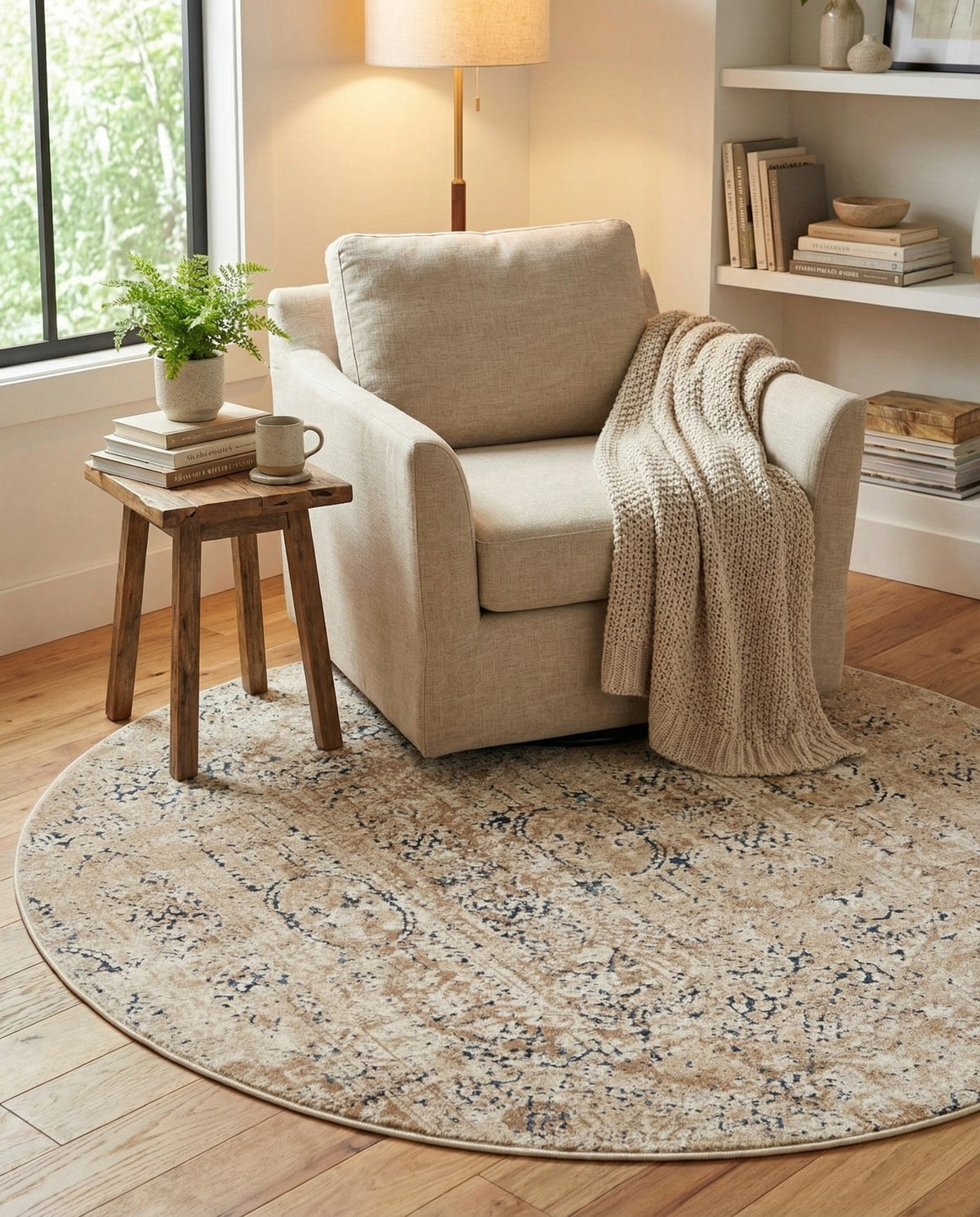 Coastal Manor Collection Area Rug -  Wavecrest Round Beige  lifestyle 120