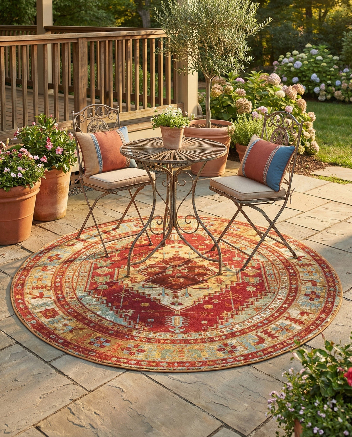 Patio Heritage Collection Area Rug -  Arbor Round Red Green Blue  lifestyle 81