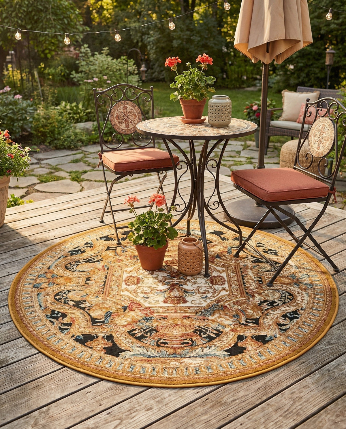 Patio Heritage Collection Area Rug - Veranda Round Black Gold Brown  lifestyle 82