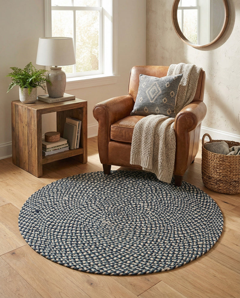 Highland Woven Jute Collection Area Rug - Glenmore (Navy Blue) Round Navy Blue  lifestyle 47