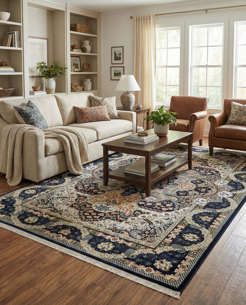 Persian Elegance Collection Area Rug -  Shiraz Rectangle Navy Blue  lifestyle 35