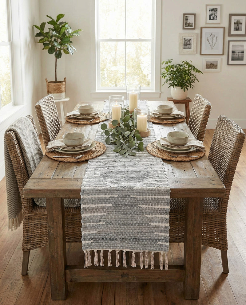Thar Cotton Collection Area Rug - Jaisalmer (Light Gray) Table Runner Light Gray  lifestyle 56
