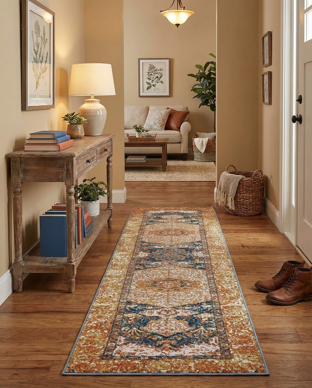 Patio Heritage Collection Area Rug -  Courtyard Runner Navy Blue and Light Pink  lifestyle 106