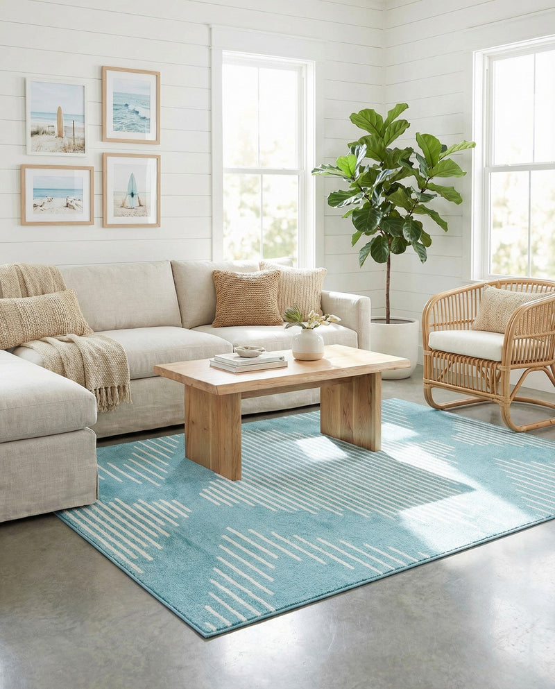 Seychelles Stripes Collection Area Rug - Mahe (Light Blue) Rectangle Light Blue  lifestyle 8