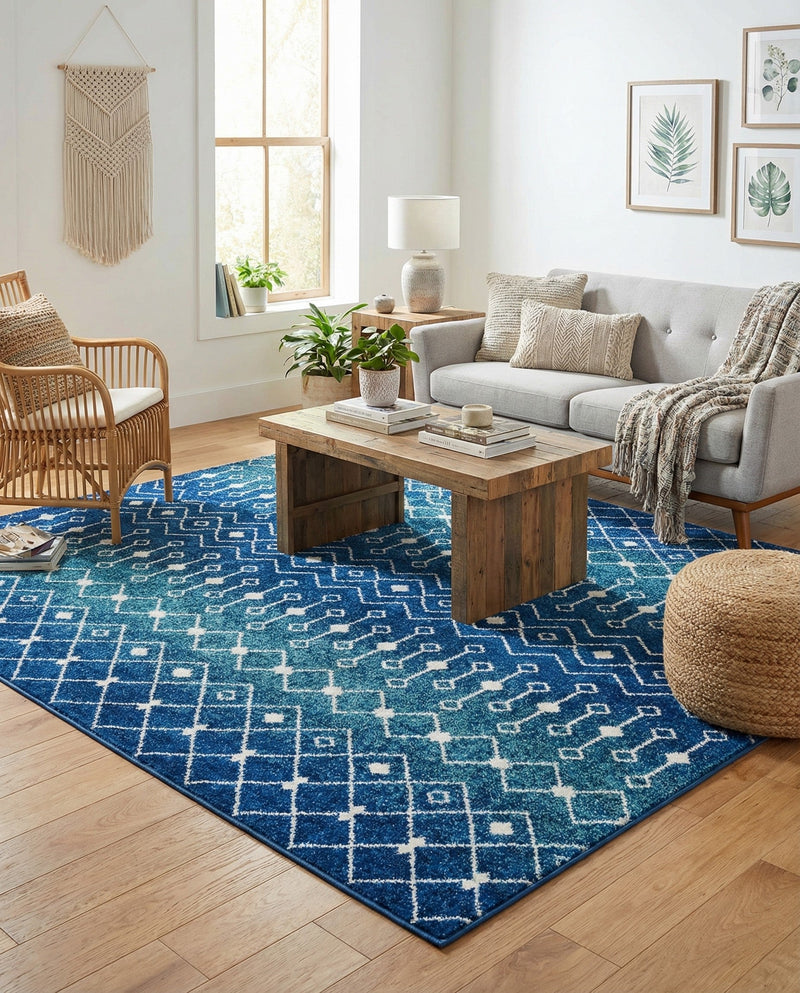 Mediterranean Lattice Collection Area Rug - Santorini (Navy and Teal) Square Navy and Teal  lifestyle 73