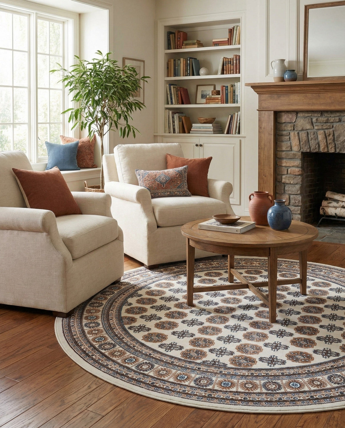 Samarkand Elegance Collection Area Rug -  Margilan (Ivory) Round Ivory  lifestyle 82