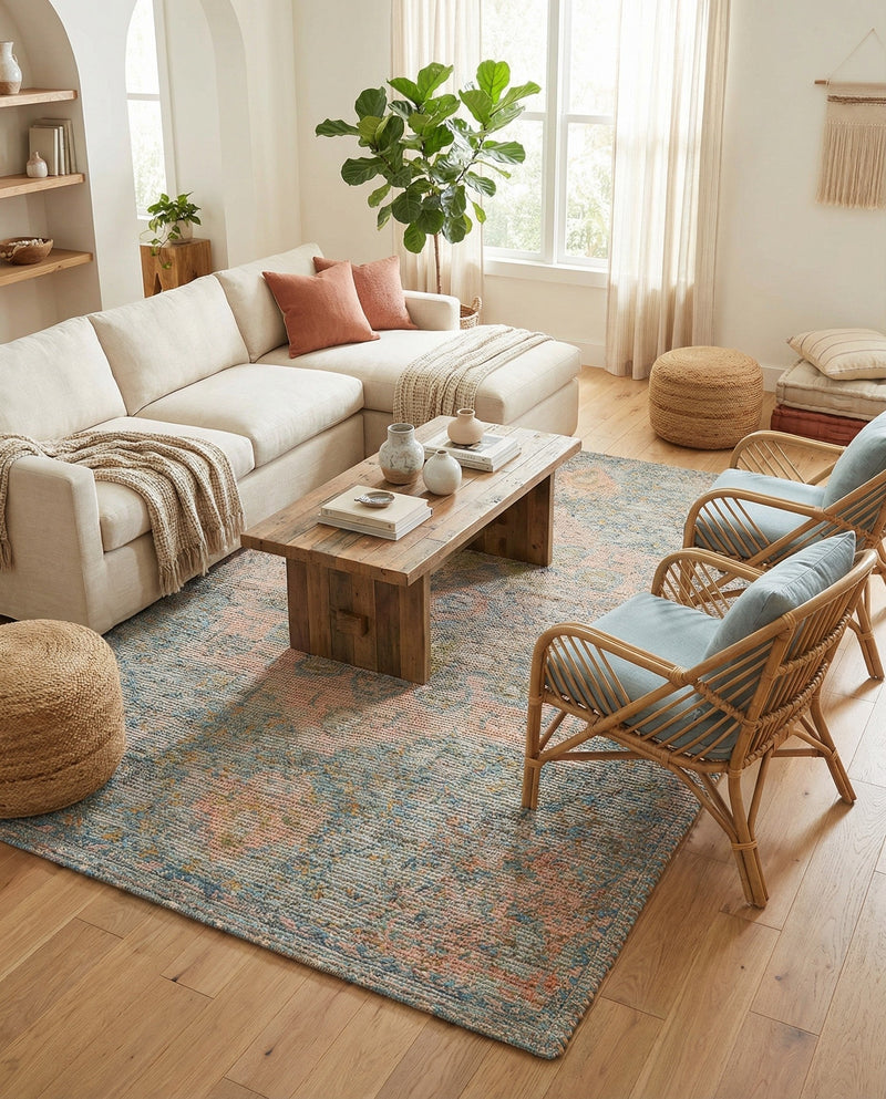 Savannah Threads Collection Area Rug -  Gobi Rectangle Blue and Peach  lifestyle 26