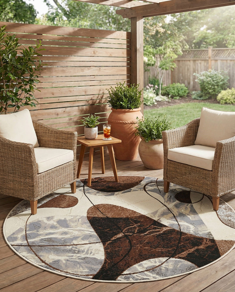Urban Terrace Collection Area Rug -  Garden Round Brown and White  lifestyle 63