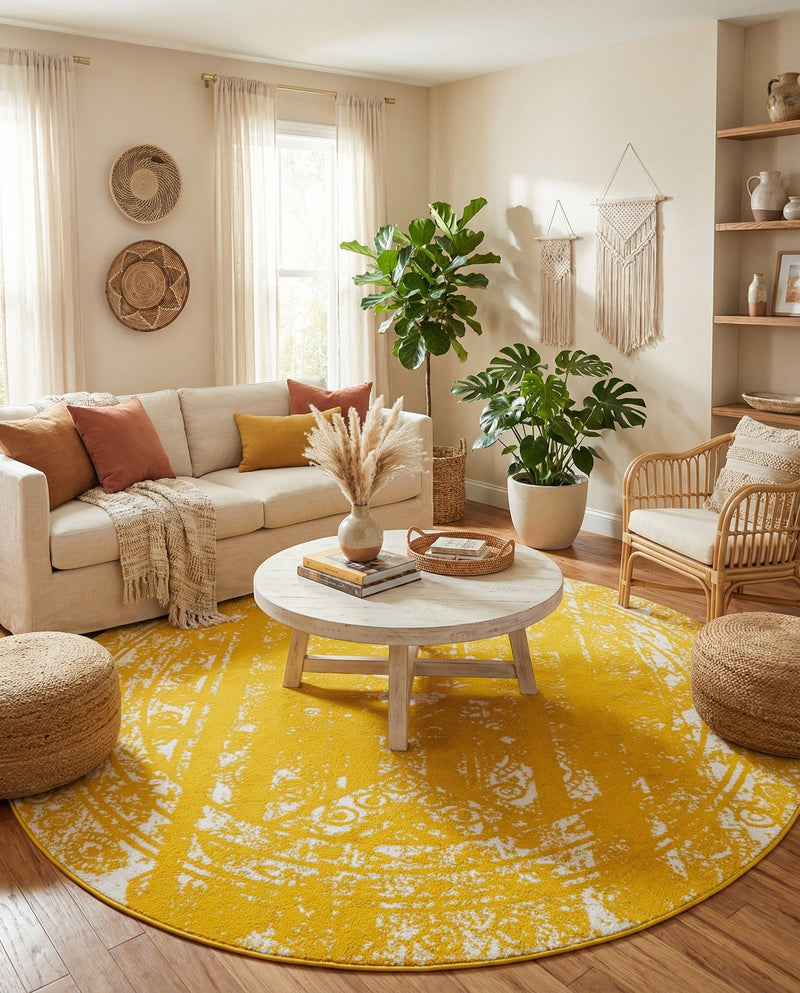 Brighton Stripes Collection Area Rug - Sussex (Yellow) Round Yellow  lifestyle 54