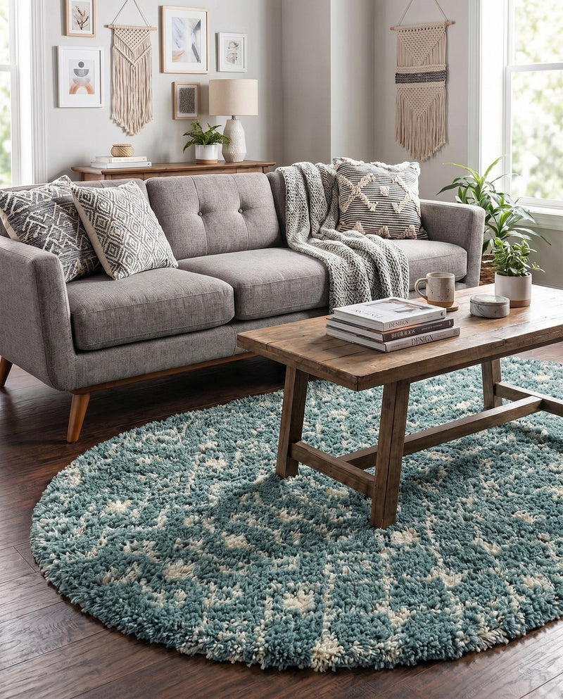 Berber Lattice Shag Collection Area Rug - Atlas (Light Blue) Oval Light Blue  lifestyle 68