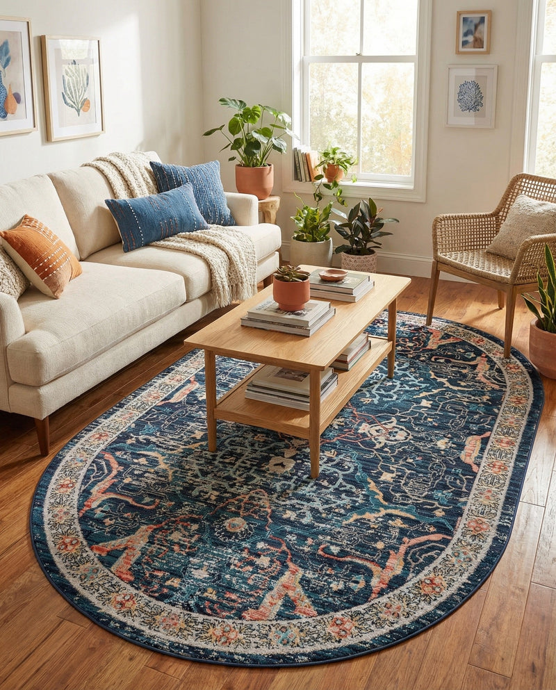 Seville Stripes Collection Area Rug -  Malaga (Navy Blue) Oval Navy Blue  lifestyle 64