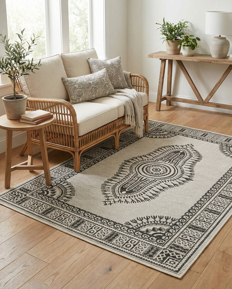 Patio Heritage Collection Area Rug -  Biloxi Rectangle White and Black  lifestyle 10