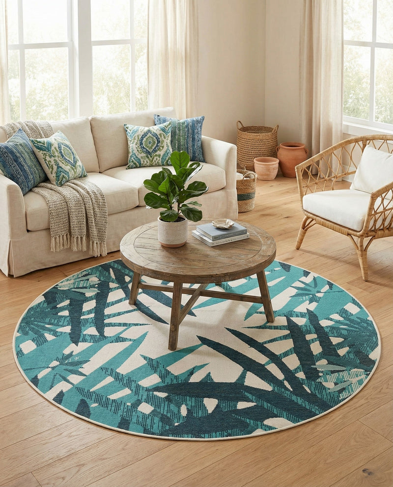 Seaside Blooms Collection Area Rug -  Provence Round Teal blue  lifestyle 18