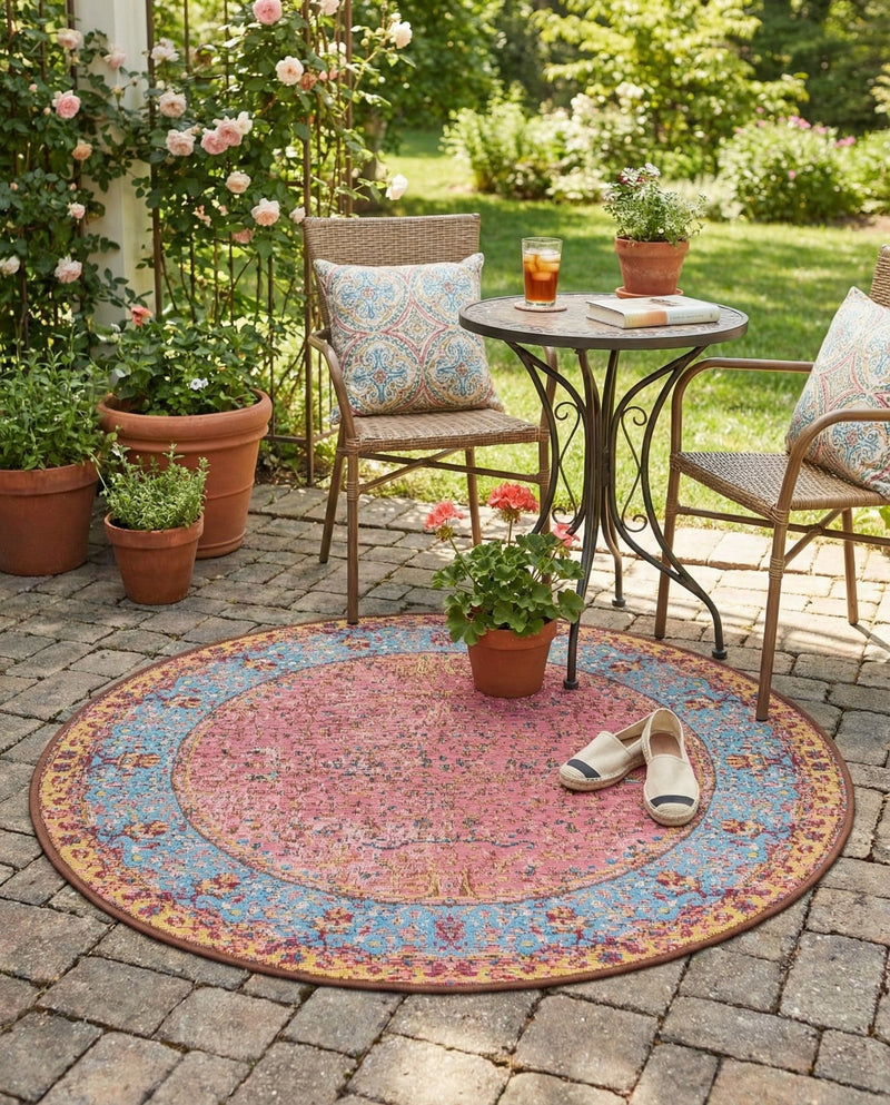 Patio Heritage Collection Area Rug -  Serenity Round Vintage Salmon Coral  lifestyle 73