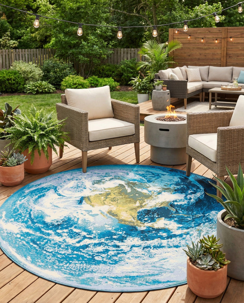Urban Terrace Collection Area Rug -  Pergola Round Blue  lifestyle 66
