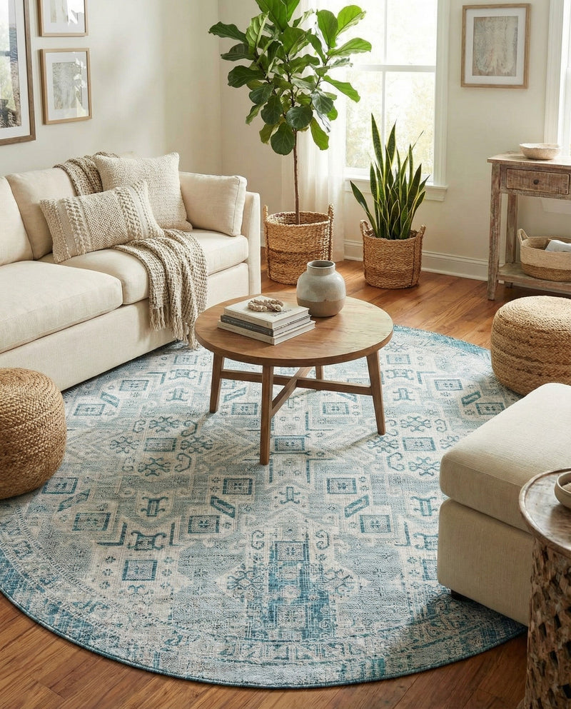 Tribal Terrace Treasures Collection Area Rug - Mayan Marina (Teal) Round Teal  lifestyle 87