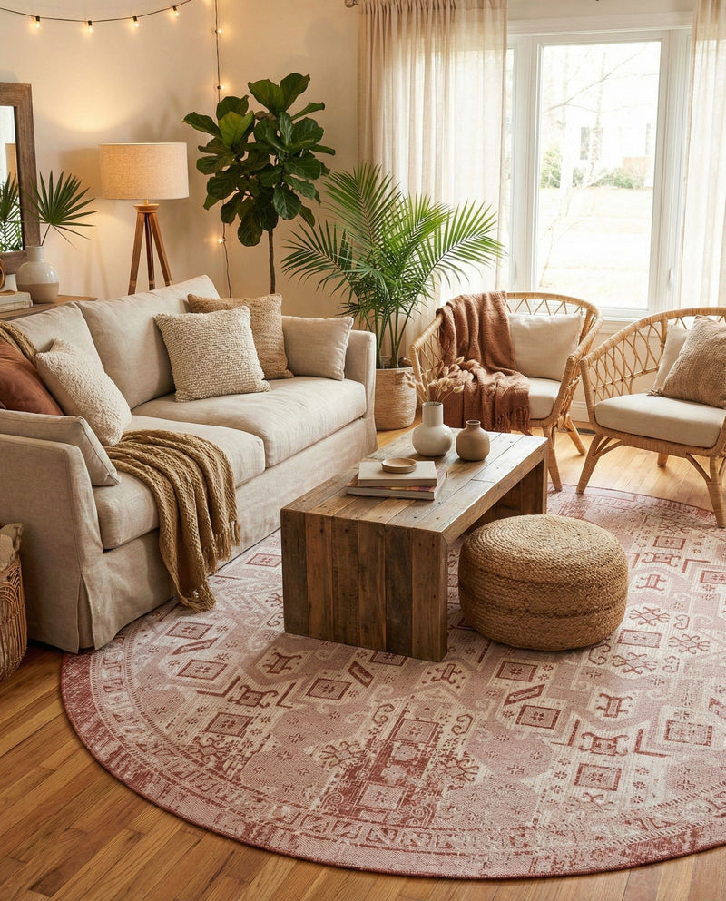 Tribal Terrace Treasures Collection Area Rug - Mayan Marina (Rust Red) Round Rust Red  lifestyle 26