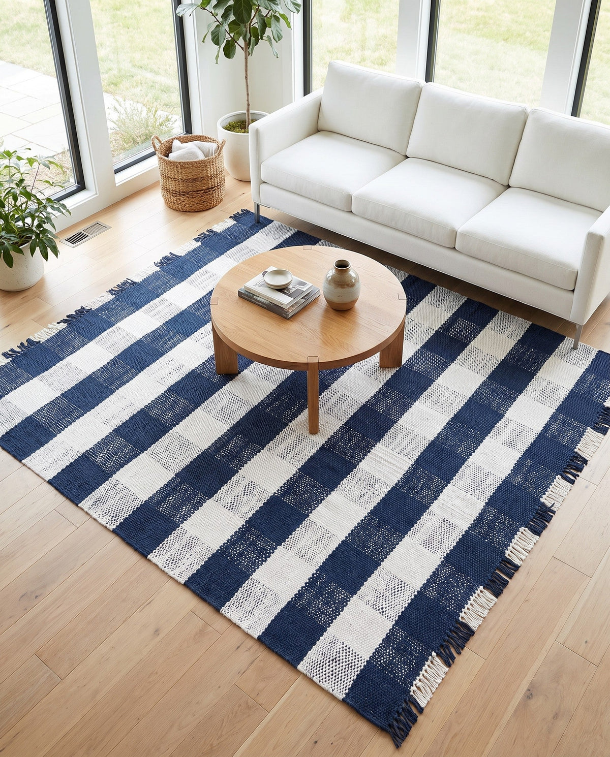 Sustainable Grid Indoor-Outdoor Oasis Collection Area Rug - Savannah Square Navy Blue  lifestyle 199