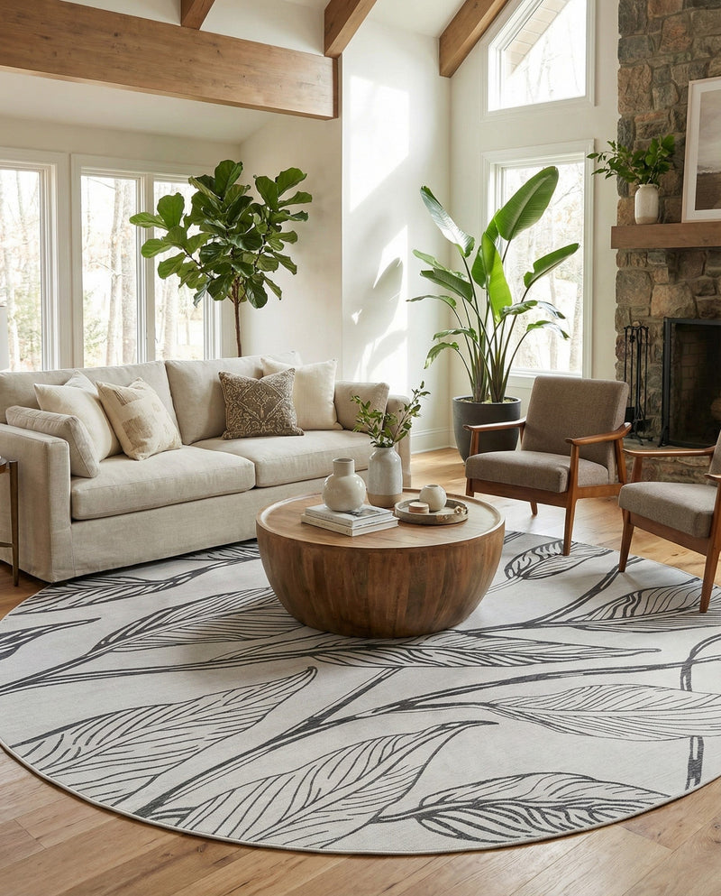 Seaside Blooms Collection Area Rug -  Evergreen (Charcoal Ivory) Round Charcoal Ivory  lifestyle 17