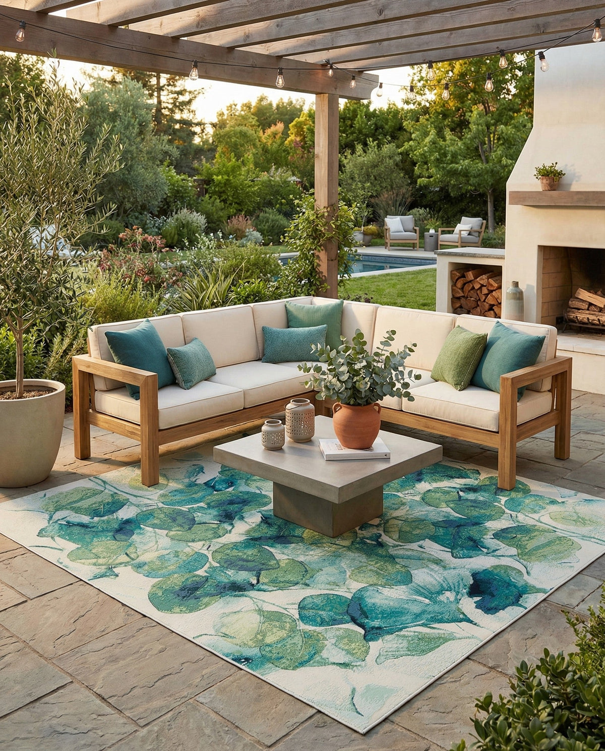 Seaside Blooms Collection Area Rug -  Flora Square Blue Green  lifestyle 89