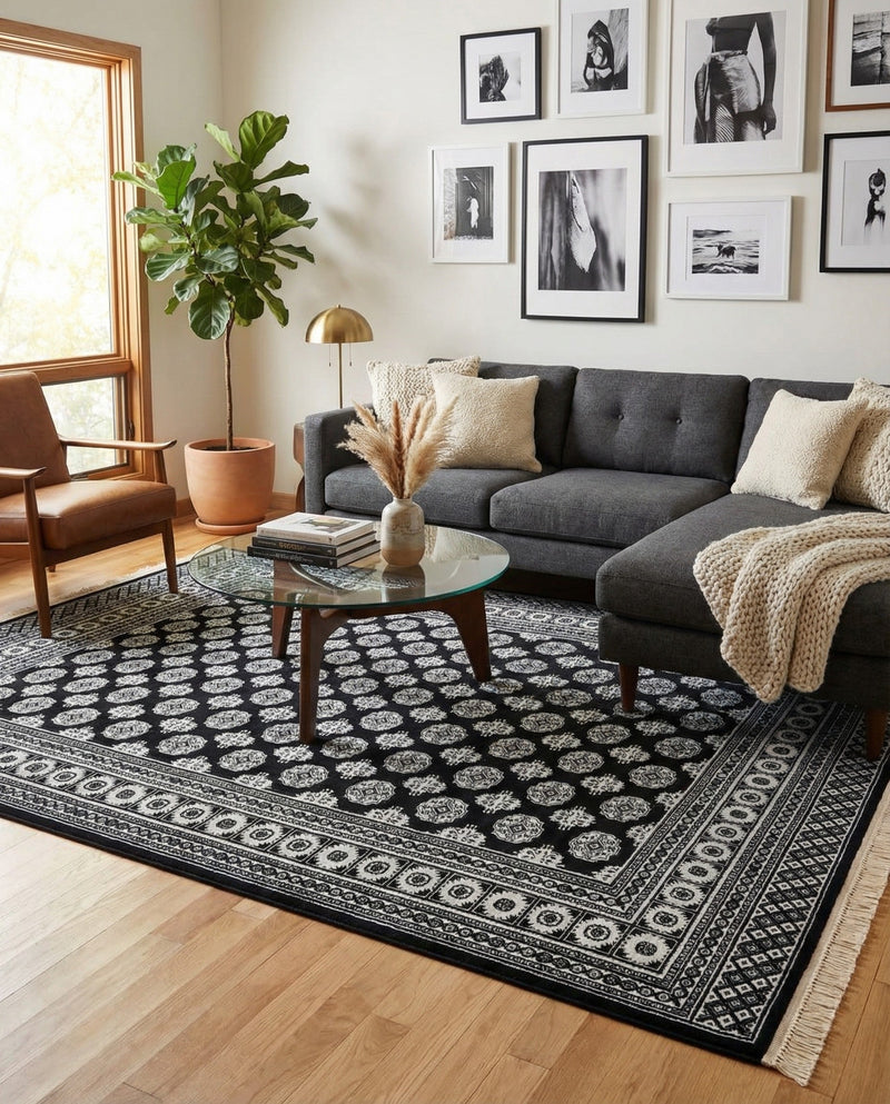 Samarkand Elegance Collection Area Rug -  Margilan (Black and White) Rectangle Black and White  lifestyle 29