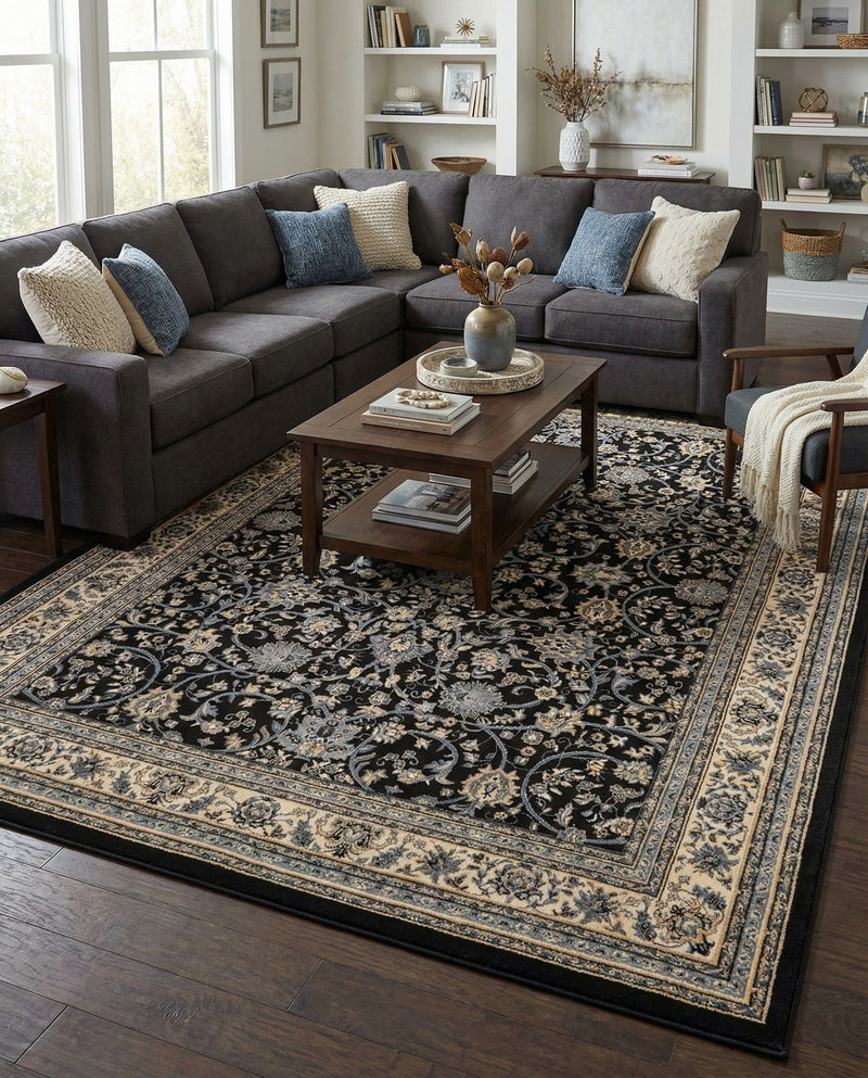 Isfahan Elegance Collection Area Rug - Naghsh-e Jahan (Black) Rectangle Black  lifestyle 58