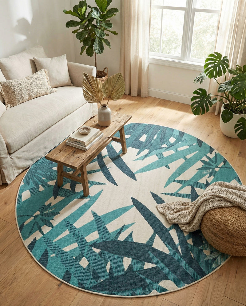 Seaside Blooms Collection Area Rug -  Provence Round Teal blue  lifestyle 21