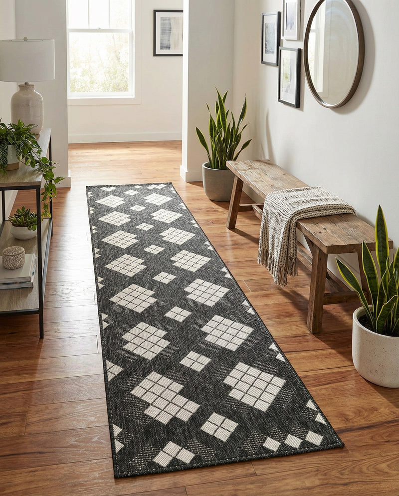 Urban Terrace Collection Area Rug -  Williamsburg Runner Black and White  lifestyle 61