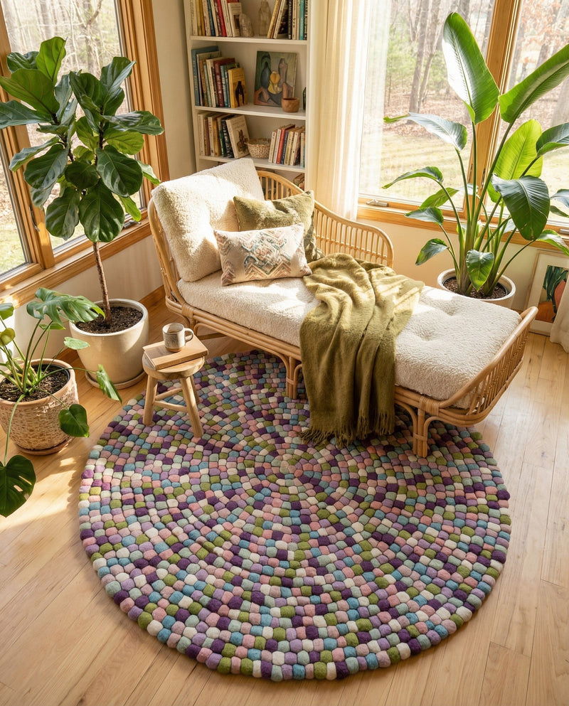 Woolen Sphere Collection Area Rug - Orbsburg (Pink and Purple) Round Pink and Purple  lifestyle 63