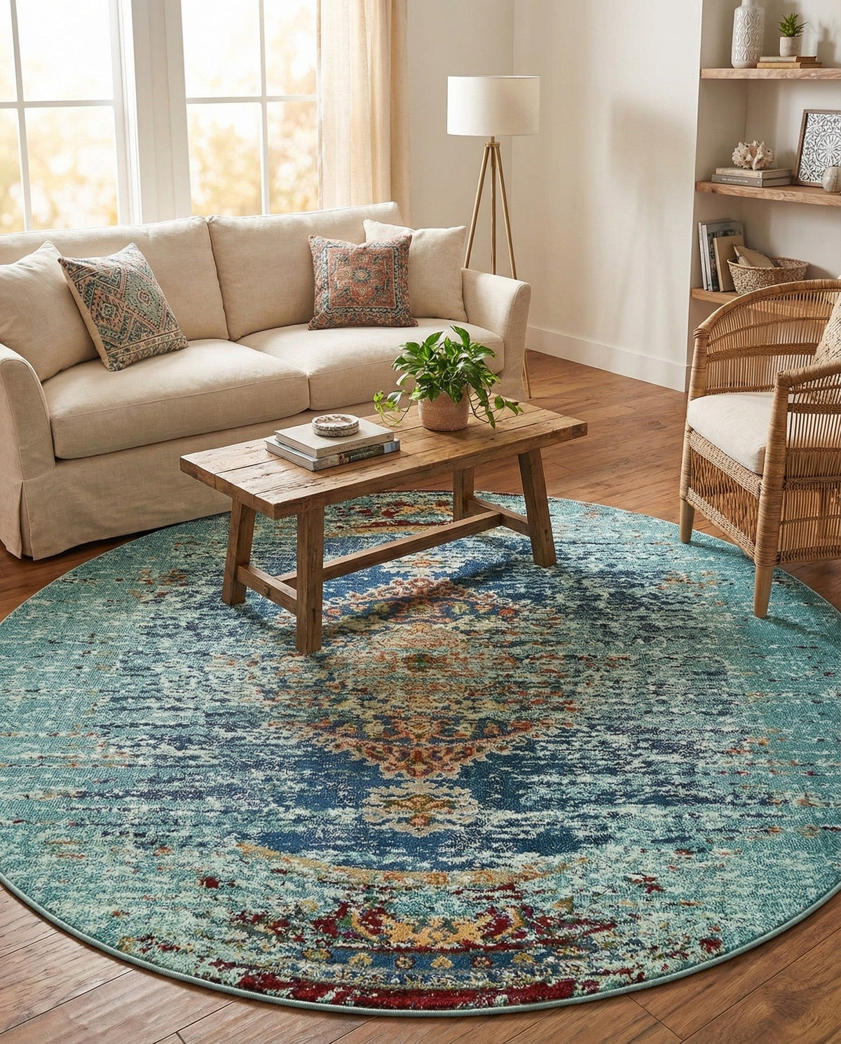 Venetian Tapestry Collection Area Rug -  Giudecca Round Turquoise  lifestyle 100