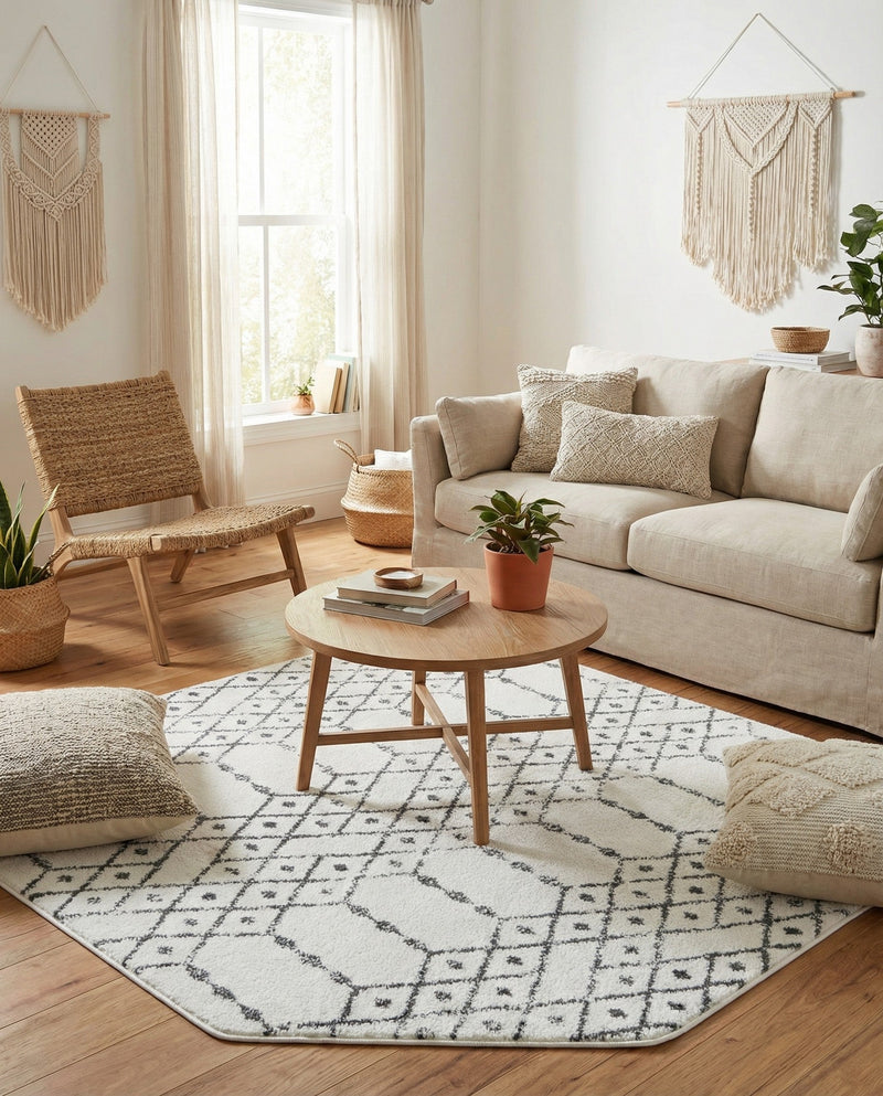 Marrakesh Lattice Collection Area Rug - Casablanca (Ivory Black) Octagon Ivory Black  lifestyle 39