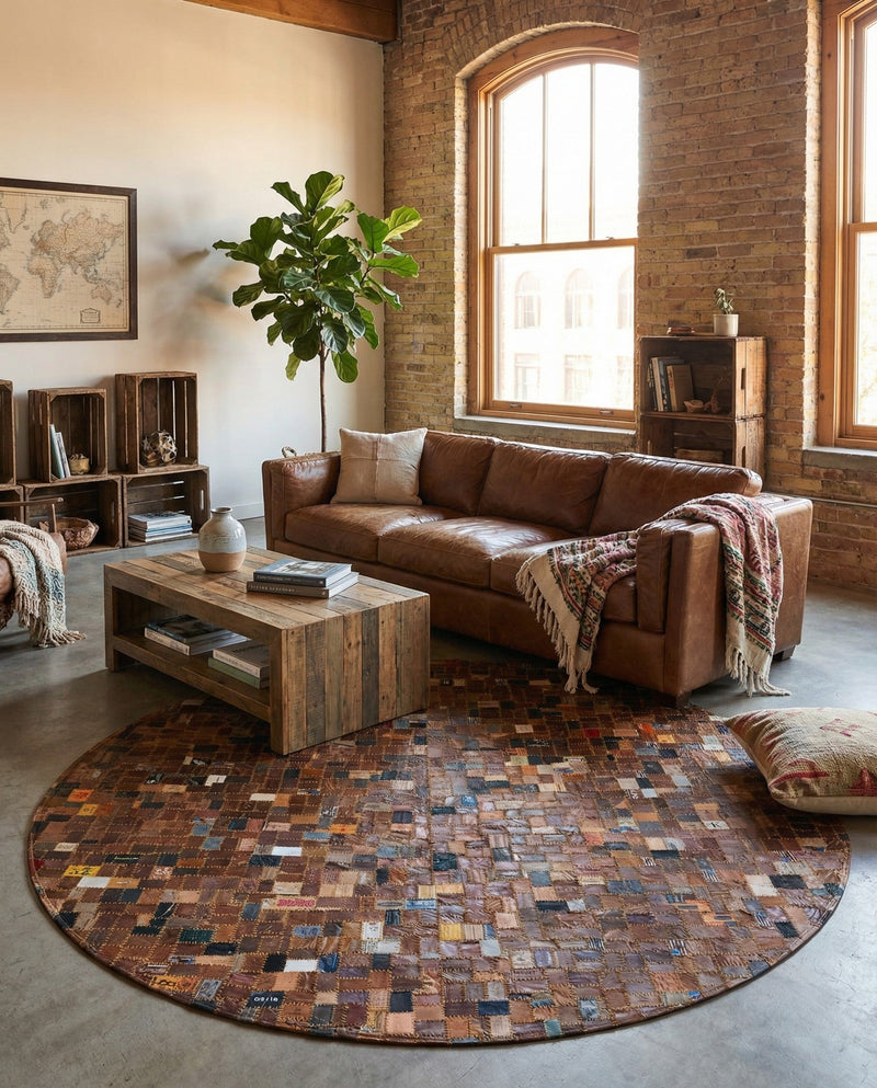 Havana Hide Patchwork Collection Area Rug - Cienfuegos Round Black and Brown  lifestyle 15