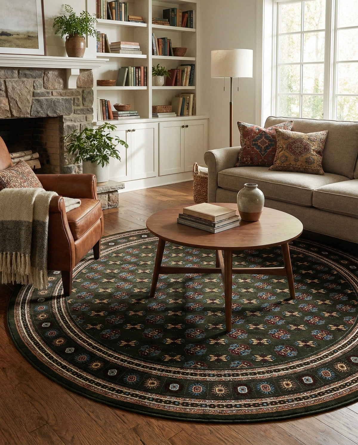 Samarkand Elegance Collection Area Rug -  Margilan (Dark Green) Round Dark Green  lifestyle 84